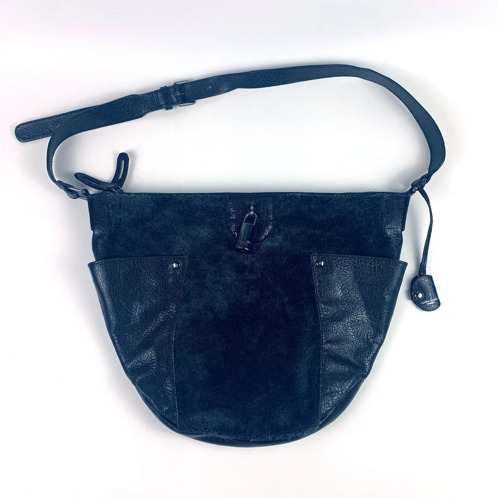 Olivia Harris Tribeca Black Fur & Leather Shoulder Bag Hobo‎ Lock & Keys Detail